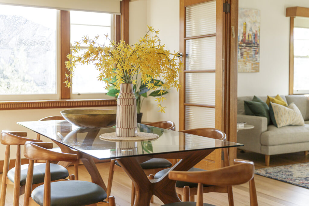 Dining table in a well lit room